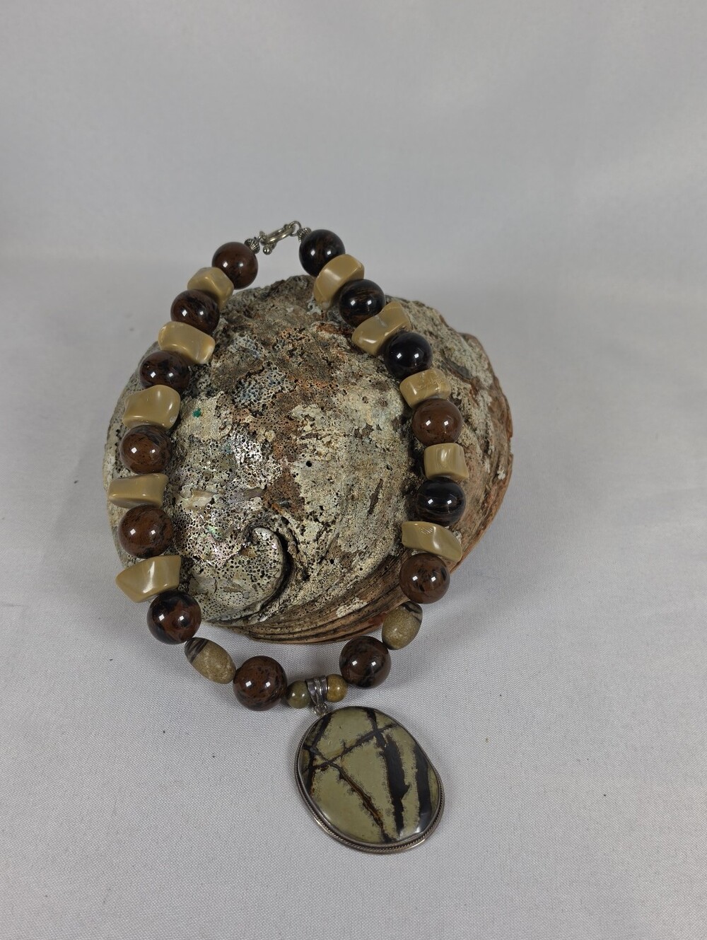 Artisan Picture Jasper Statement Necklace .925 Sterling Silver Pendant Boho Luxe